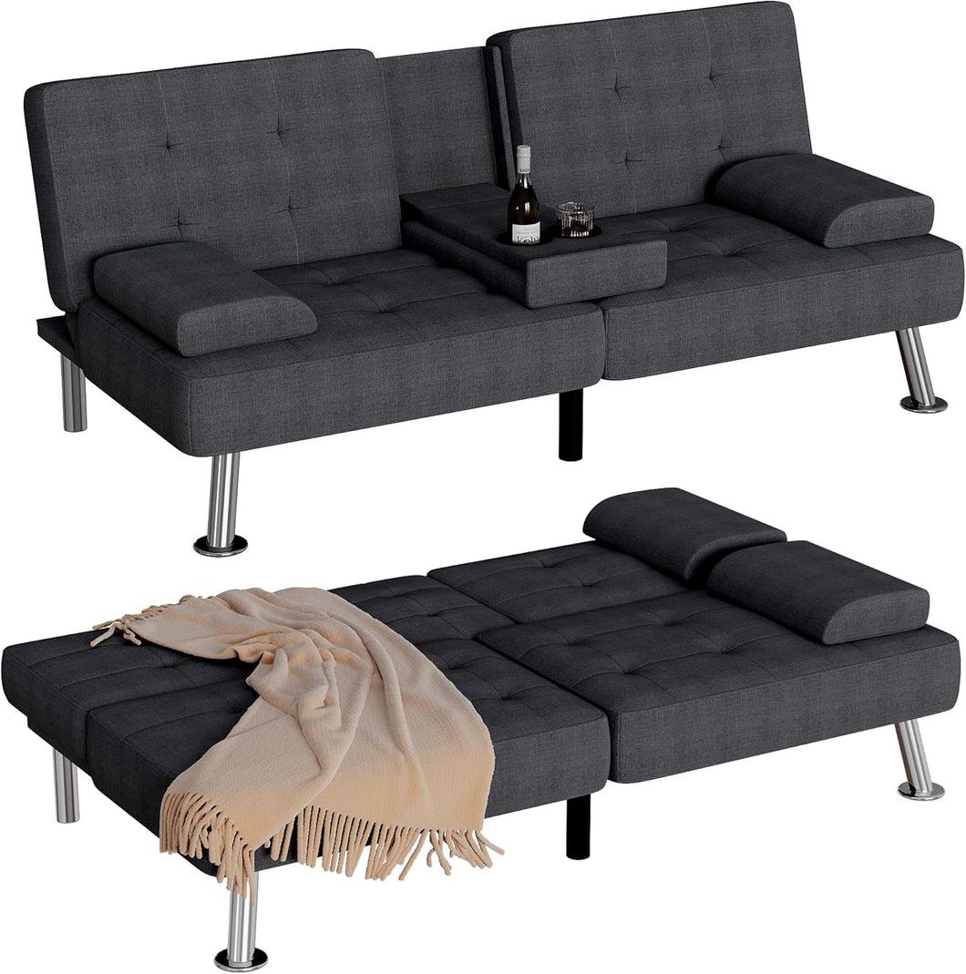 Futon Sofa Bed, Futon Couch with Removable Armrests, Adjustable Recliner Sleeper Sofa Bed with Dual Cup Holders for Living Room, Apartment, Office (Fabric, Black)
