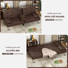 Cargar imagen en el visor de la galería, Faux Leather Futon Sofa Bed Futon Couch with Removable Armrests Adjustable Sleeper Sofa Bed with 2 Cup Holders for Living Room (PU Leather, Brown)
