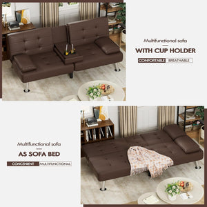 Faux Leather Futon Sofa Bed Futon Couch with Removable Armrests Adjustable Sleeper Sofa Bed with 2 Cup Holders for Living Room (PU Leather, Brown)
