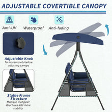 Cargar imagen en el visor de la galería, Outdoor Porch Swing, 3-Seat Porch Swing with Adjustable Canopy, Outdoor Swings for Adult with Dark Blue Removable Cushions for Backyard, Garden, Yard, Poolside, Balcony
