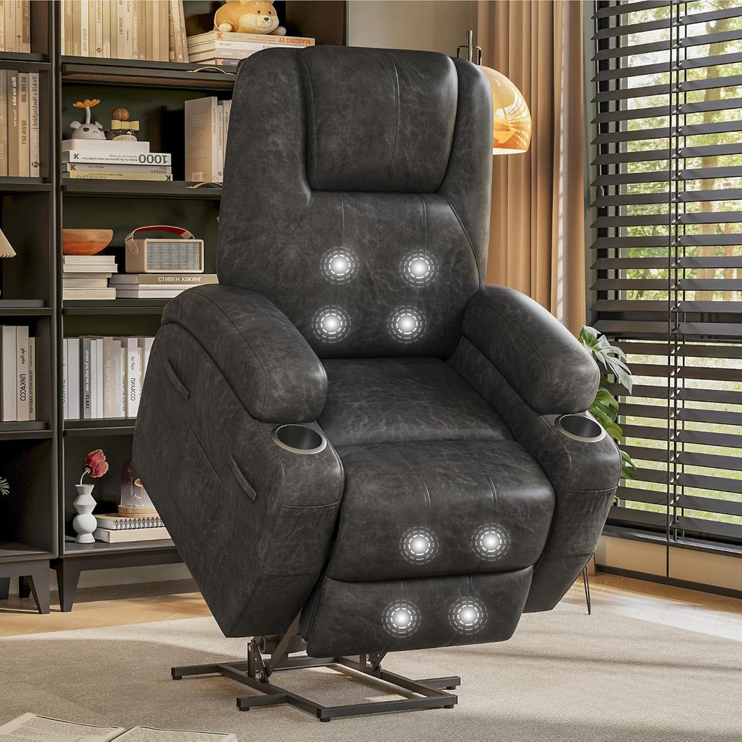 Electric Power Lift Recliner Chair with Massage for Elderly Corduroy Fabric Recliner Single Sofa with Cup Holders, Side Pockets and Remote Control for Living Room Bedroom (Leathaire, Dark Gray)