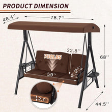 Cargar imagen en el visor de la galería, Outdoor Porch Swing, 3-Seat Porch Swing with Adjustable Canopy, Outdoor Swings for Adult with Brown Removable Cushions for Backyard, Garden, Yard, Poolside, Balcony
