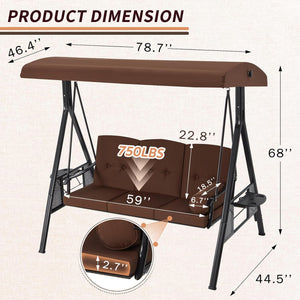 Outdoor Porch Swing, 3-Seat Porch Swing with Adjustable Canopy, Outdoor Swings for Adult with Brown Removable Cushions for Backyard, Garden, Yard, Poolside, Balcony