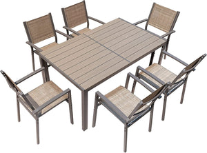 NEW 7 Piece Patio Dining Set Outdoor Furniture Set with Weather Resistant Table and 6 Stackable Textilene Chairs for Garden, Yard, Garden and Poolside (Brown)