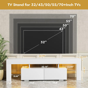 NEW TV Stand with LED Lights, Modern Entertainment Center Media and Open Shelf Console Table Storage Desk with 1 Drawer and Remote Control 20 Color LED Lights up to 70 Inch TV (White)