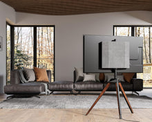 Cargar imagen en el visor de la galería, FITUEYES Design Corner TV Stand for 32-65 Inch LED LCD Screens, Tripod Easel TV Stand Modern TV Floor Mount Swivel with Concealed Storage for Bedroom/Living Room, Picasso Series
