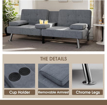 Cargar imagen en el visor de la galería, Futon Sofa Bed Modern Folding Futon Set Linen Fabric Convertible Recliner Lounge for Living Room with 2 Cup Holders, Removable Armrests (Fabric, Grey)
