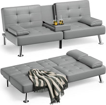 Cargar imagen en el visor de la galería, Faux Leather Futon Sofa Bed Futon Couch with Removable Armrests Adjustable Sleeper Sofa Bed with 2 Cup Holders for Living Room (PU Leather, Grey)
