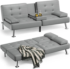 Faux Leather Futon Sofa Bed Futon Couch with Removable Armrests Adjustable Sleeper Sofa Bed with 2 Cup Holders for Living Room (PU Leather, Grey)