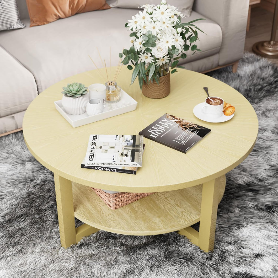 Round Coffee Table, 2-Tier Farmhouse Wooden Coffee Table with Storage Shelf, Circular Rustic Coffee Table for Living Room, Balcony and Office (Yellow)