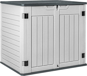 NEW Resin Outdoor Storage Shed 28 Cu Ft Horizontal Outdoor Storage Cabinet Waterproof Patio Tools Storage Box for Pool Toys, Sofa Cushion, Lawn Mower and Garbage Cans