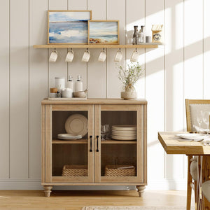 WAMAPT Sideboard Buffet Cabinets with Glass Door, Kitchen Storage Cabinets, Wood Coffee Bar Tables with Adjustable Shelf, Accent Sideboard Storage Cabinet Table Dining Room, Living Room,Oak 34 inch