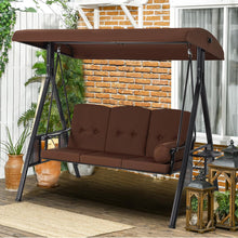 Cargar imagen en el visor de la galería, Outdoor Porch Swing, 3-Seat Porch Swing with Adjustable Canopy, Outdoor Swings for Adult with Brown Removable Cushions for Backyard, Garden, Yard, Poolside, Balcony

