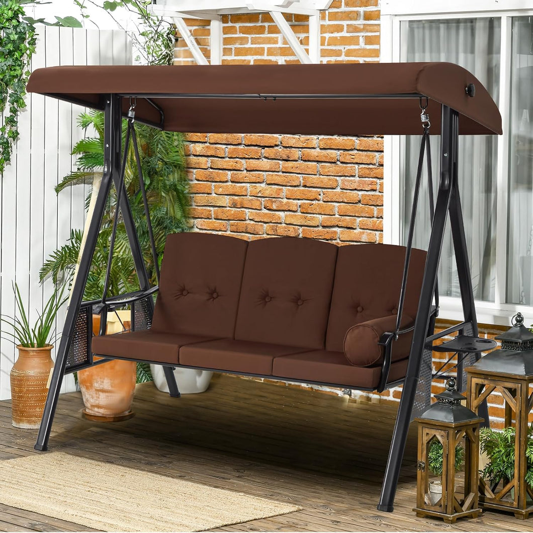 Outdoor Porch Swing, 3-Seat Porch Swing with Adjustable Canopy, Outdoor Swings for Adult with Brown Removable Cushions for Backyard, Garden, Yard, Poolside, Balcony