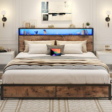 Load image into Gallery viewer, Queen Bed Frame with 2-Tier Storage Headboard, Metal Platform Bed Frame with 4 Storage Drawers, Built in Charging Station &amp; LED, Noise-Free/Metal Support/No Box Spring Needed, Rustic Brown
