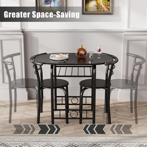 New 3-Piece Wooden Round Table & Chair Set, Space Saving Kitchen Breakfast Nook Wood Grain Tabletop with Metal Frame and Built-in Wine Rack for Kitchen, Dining Room (Black)