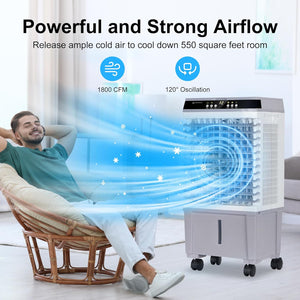 Uthfy 31' Swamp Cooler Air Conditioner, Evaporative Air Cooler with 5.3 Gallon Water Tank, 4 Ice Box, Remote, 12H Timer, 120°Oscillation, Portable Cooling Fan with 3 Speeds for Bedroom Home Office