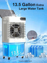 Cargar imagen en el visor de la galería, Uthfy 3800 CFM Evaporative Air Cooler, 3 IN 1 Swamp Cooler Air Conditioner with 13.5 Gal Large Water Tank, Remote Control, 120° Oscillation, 12H Timer, 44 Inch Outdoor Cooling Fan for Patio, Garage
