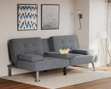 Cargar imagen en el visor de la galería, Futon Sofa Bed Modern Folding Futon Set Linen Fabric Convertible Recliner Lounge for Living Room with 2 Cup Holders, Removable Armrests (Fabric, Grey)
