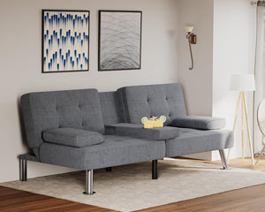 Futon Sofa Bed Modern Folding Futon Set Linen Fabric Convertible Recliner Lounge for Living Room with 2 Cup Holders, Removable Armrests (Fabric, Grey)
