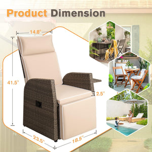 Patio Outdoor Recliner Chair PE Wicker Reclining Lounge Chair Lawn Furniture with Flip-up Table, Beige