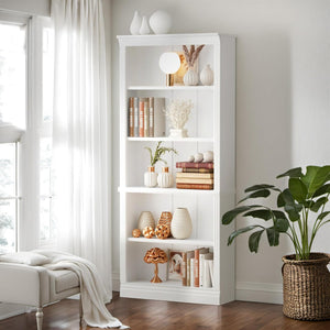 Bookcase Bookshelves, 5-Shelf Tall Bookcase 72" Wood Open Display Floor Bookshelf, Large Storage Organizer for Library, Bedroom, Living Room (White)