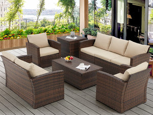 NEW 7 Seats Patio Furniture Set with Two Storage Boxes, Outdoor Rattan Conversation Set，All-Weather PE Wicker Sectional Sofa Outdoor Furniture for Garden, Backyard, Deck, Brown Rattan&Beige