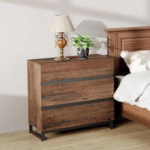 WAMPAT Nightstand with 3 Drawers for Bedroom, Modern Bedside Table with Black Square Iron Leg, Wood Rustic Side End Table for Bedroom, Brown