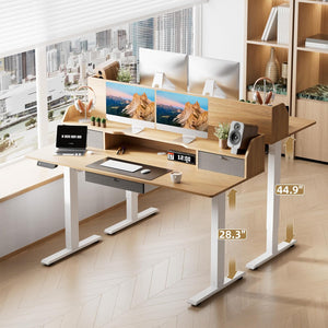 Height Adjustable Electric Standing Desk with Triple Drawers 55 x 24 Inches Stand Up Desk with Large Storage Shelf Memory Preset Sit Stand Desk, Maple