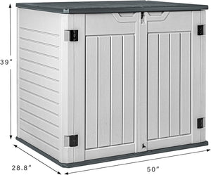 NEW Resin Outdoor Storage Shed 28 Cu Ft Horizontal Outdoor Storage Cabinet Waterproof Patio Tools Storage Box for Pool Toys, Sofa Cushion, Lawn Mower and Garbage Cans