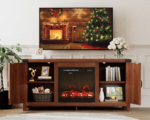 Load image into Gallery viewer, Fireplace TV Stand with Double Barn Doors Storage Cabinets for TVs to 65+ Inch, Farmhouse TV Entertainment Centerwith Cabinet and Shelves for Living Room (Walnut, with Fireplace)
