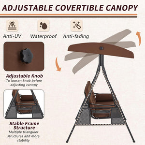 Outdoor Porch Swing, 3-Seat Porch Swing with Adjustable Canopy, Outdoor Swings for Adult with Brown Removable Cushions for Backyard, Garden, Yard, Poolside, Balcony