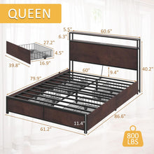 Load image into Gallery viewer, Queen Bed Frame with 2-Tier Storage Headboard, Metal Platform Bed Frame with 4 Storage Drawers, Built in Charging Station &amp; LED, Noise-Free/Metal Support/No Box Spring Needed, Rustic Brown
