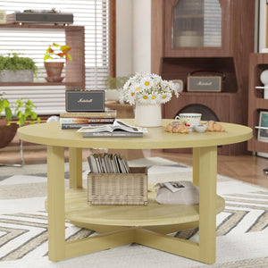 Round Coffee Table, 2-Tier Farmhouse Wooden Coffee Table with Storage Shelf, Circular Rustic Coffee Table for Living Room, Balcony and Office (Yellow)