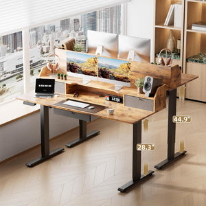 Height Adjustable Electric Standing Desk with Triple Drawers 55 x 24 Inches Stand Up Desk with Large Storage Shelf Memory Preset Sit Stand Desk, Rustic Brown