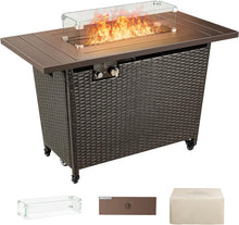 Load image into Gallery viewer, NEW 43 inch Outdoor Wicker Propane Gas Fire Pit 50000 BTU Patio Rattan Fire Pit Table with Metal Tabletop, Replaceable Casters/Pads, Windproof Glass Cover, Slide Out Tank Holder, Cover, Lid
