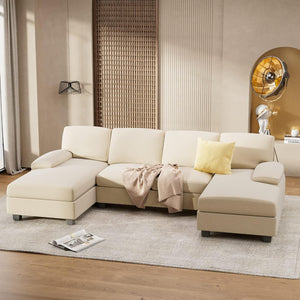 Convertible Sectional Sofa Couch, 4 Seat Sofa Set for Living Room U-Shaped Modern Fabric Modular Sofa Sleeper with Double Chaise & Memory Foam (White)