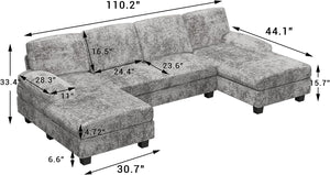 Convertible Sectional Sofa Couch, 4 Seat Sofa Set for Living Room U-Shaped Modern Fabric Modular Sofa Sleeper with Double Chaise & Memory Foam (Grey)