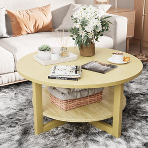 Round Coffee Table, 2-Tier Farmhouse Wooden Coffee Table with Storage Shelf, Circular Rustic Coffee Table for Living Room, Balcony and Office (Yellow)