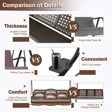Cargar imagen en el visor de la galería, New 3-Seat Outdoor Patio Swing Chair, Large Converting Canopy Porch Swing Glider, Hammock Lounge Chair for Porch, Rattan Wicker Steel Frame Cushion &amp; Pillow, Brown
