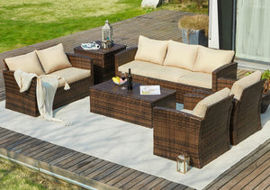 NEW 7 Seats Patio Furniture Set with Two Storage Boxes, Outdoor Rattan Conversation Set，All-Weather PE Wicker Sectional Sofa Outdoor Furniture for Garden, Backyard, Deck, Brown Rattan&Beige