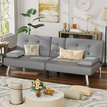 Cargar imagen en el visor de la galería, Faux Leather Futon Sofa Bed Futon Couch with Removable Armrests Adjustable Sleeper Sofa Bed with 2 Cup Holders for Living Room (PU Leather, Grey)
