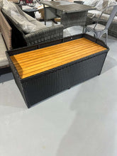 Cargar imagen en el visor de la galería, Patio Storage Bench Rattan Wicker Deck Box with Acacia Wood Seat, Gas Strut, Zipper Liner, Handles, Outdoor Storage Container for Patio Furniture Cushions Pillows
