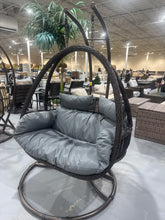 Cargar imagen en el visor de la galería, Dark Brown Wicker 2-Person Patio Hanging Double Egg Swing Chair with Stand &amp; Cushions for Indoor/Outdoor Garden (Gray)
