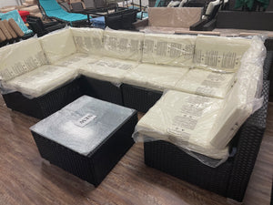 New 7-Piece Patio Furniture Set - Outdoor Sectional Sofa Set with Cushions and Glass-Top Coffee Table for Gardens, Poolside, Backyards and Porches, Black/Cream
