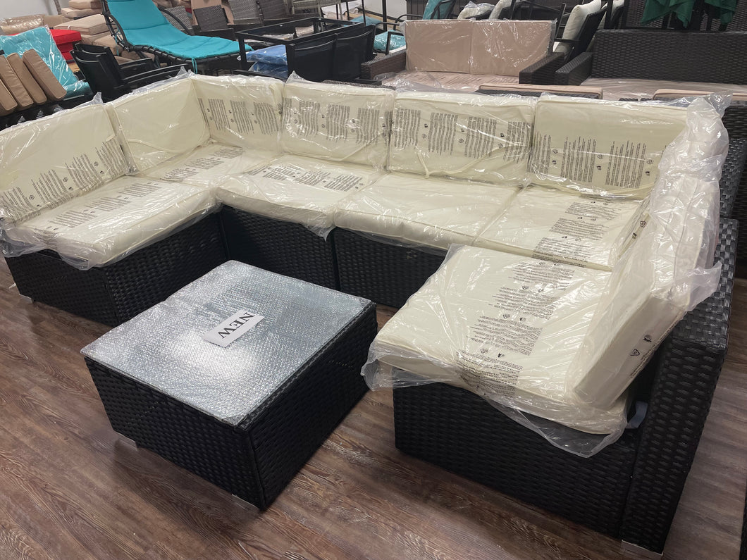 New 7-Piece Patio Furniture Set - Outdoor Sectional Sofa Set with Cushions and Glass-Top Coffee Table for Gardens, Poolside, Backyards and Porches, Black/Cream