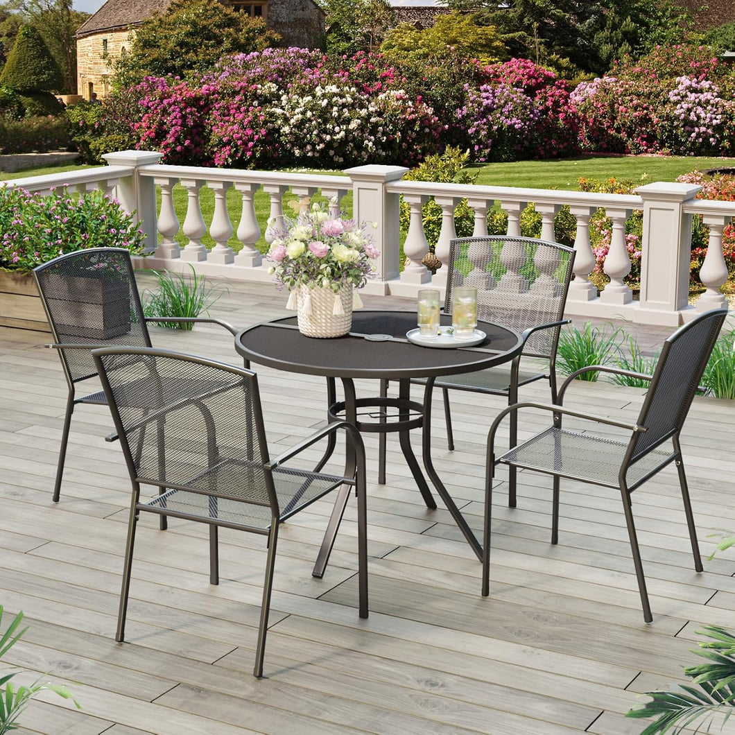 Metal Patio Table and Chairs Set for 4, Outdoor Dining Set, Modern Black Round Patio Dining Table Furniture Set with Umbrella Hole