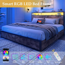 Load image into Gallery viewer, Queen Bed Frame with 2-Tier Storage Headboard, Metal Platform Bed Frame with 4 Storage Drawers, Built in Charging Station &amp; LED, Noise-Free/Metal Support/No Box Spring Needed, Rustic Brown
