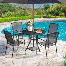 Cargar imagen en el visor de la galería, Metal Patio Table and Chairs Set for 4, Outdoor Dining Set, Modern Black Round Patio Dining Table Furniture Set with Umbrella Hole
