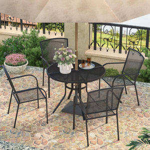 Metal Patio Table and Chairs Set for 4, Outdoor Dining Set, Modern Black Round Patio Dining Table Furniture Set with Umbrella Hole